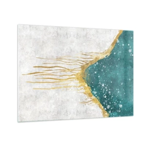 Cuadro sobre vidrio - Impresiones sobre Vidrio - Patrón abstracto dorado sobre un fondo turquesa y blanco - 70x50cm - Marea dorada - Decoración de pared moderna para salón y dormitorio ARTTOR