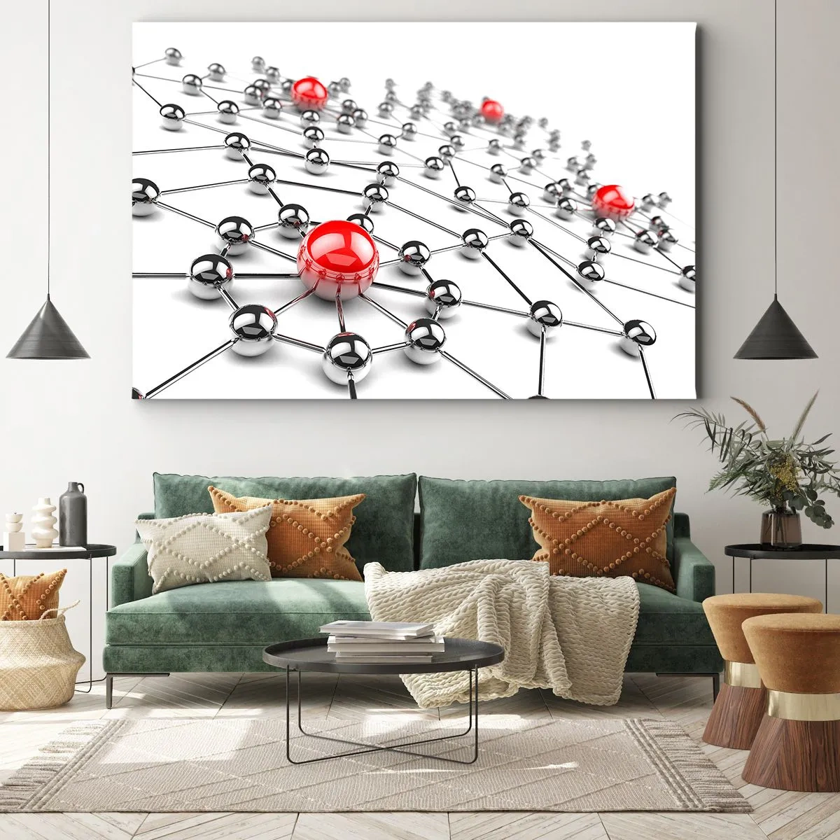 Cuadro sobre lienzo - Impresión de Imagen - Una red de bolas metálicas con acentos rojos. - 100x70cm - Una red plateada - Decoración de pared moderna para salón y dormitorio ARTTOR