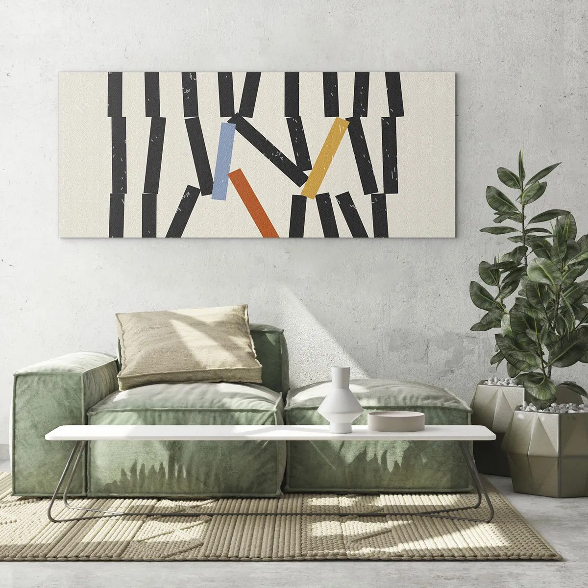 Cuadro sobre vidrio - Impresiones sobre Vidrio - Composición abstracta con rectángulos de colores y negros. - 140x50cm - Dominó - composición - Decoración de pared moderna para salón y dormitorio ARTTOR