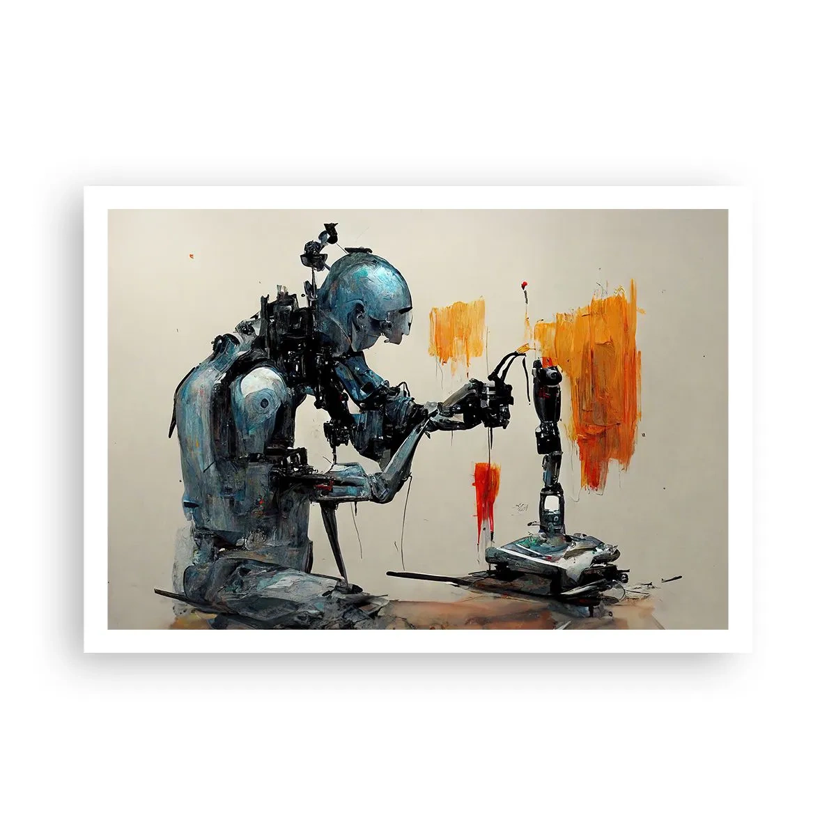 Póster - Robot trabajando con fondo abstracto - 100x70cm - Próximamente... - Decoración de pared moderna para salón y dormitorio ARTTOR