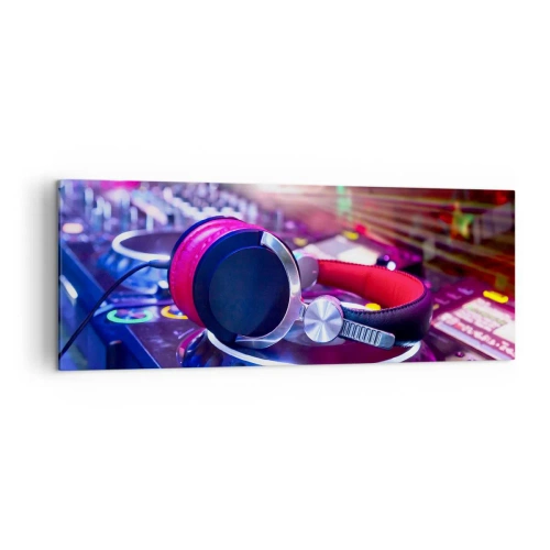 Cuadro sobre lienzo - Impresión de Imagen - Auriculares de DJ en una consola iluminada por focos en una fiesta - 140x50cm - Empieza la fiesta - Decoración de pared moderna para salón y dormitorio ARTTOR