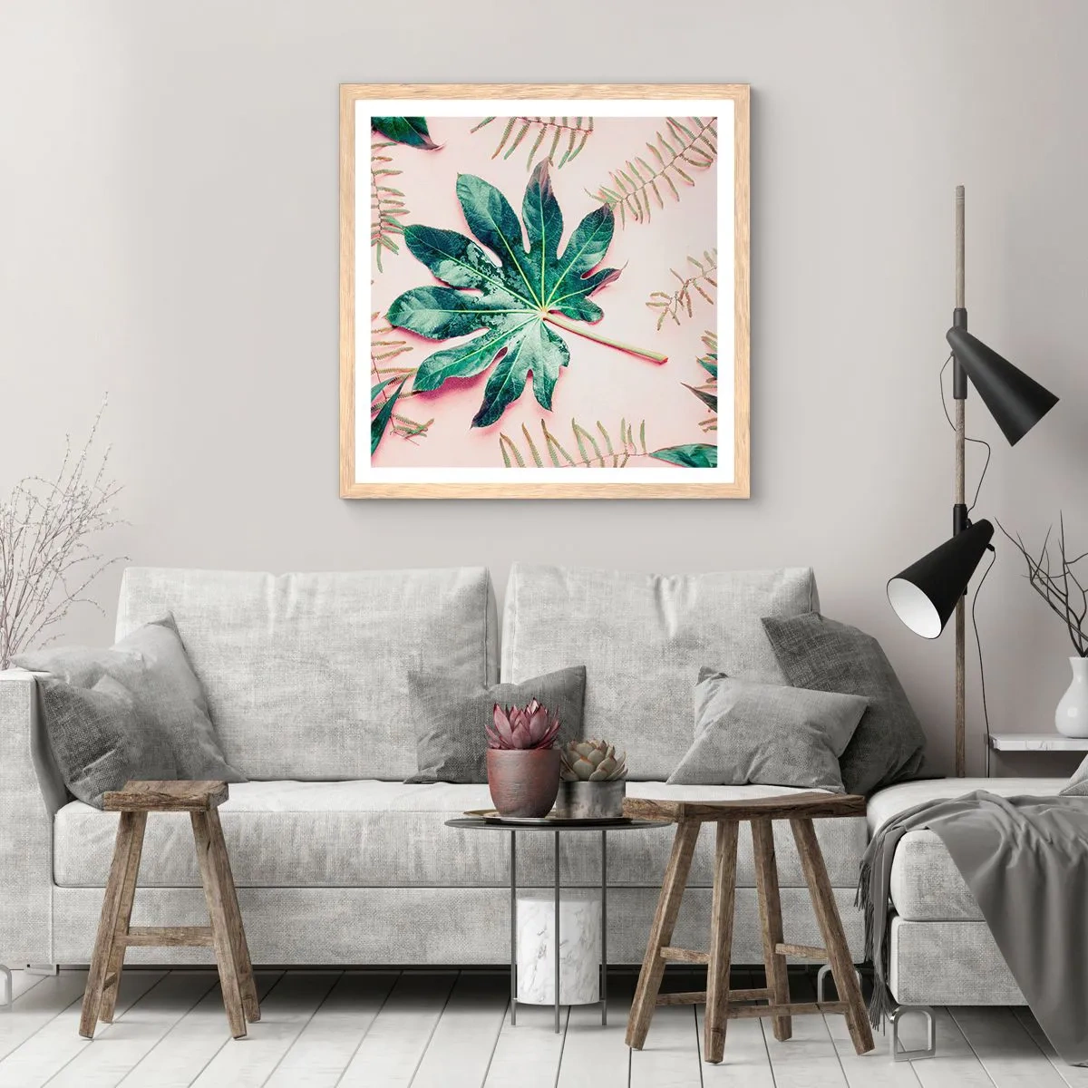 Póster en marco roble claro - Estudio de vegetación sobre fondo rosa - 40x40 cm