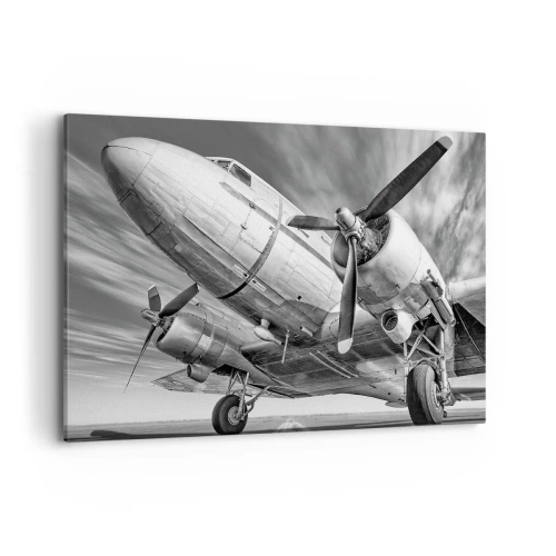 Cuadro sobre lienzo - Impresión de Imagen - Una imagen en blanco y negro de un avión clásico con detalles estructurales visibles. - 120x80cm - Siempre listo para volar - Decoración de pared moderna para salón y dormitorio ARTTOR
