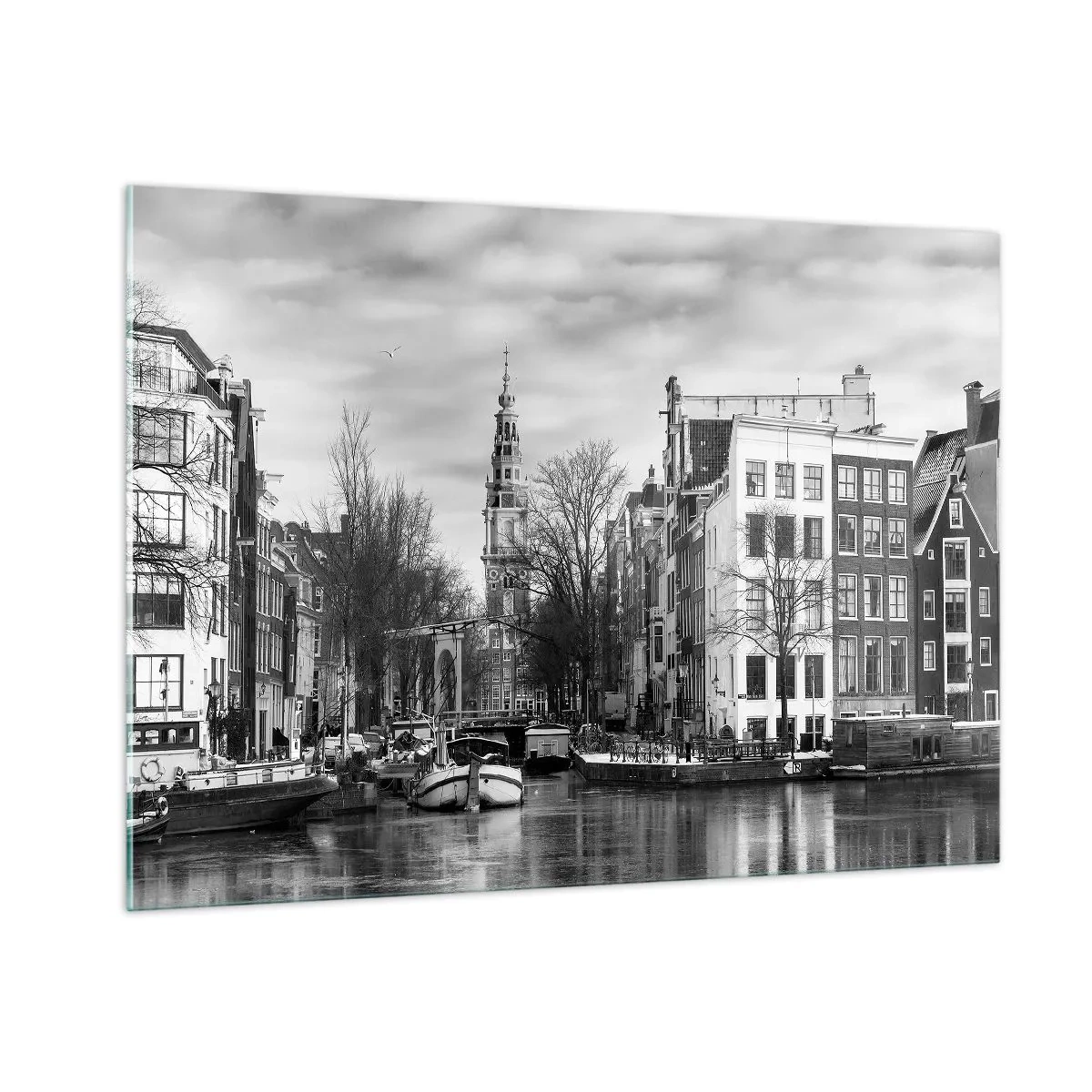 Cuadro sobre vidrio - Impresiones sobre Vidrio - Vista en blanco y negro de un canal en Ámsterdam - 100x70cm - Ambiente de Ámsterdam - Decoración de pared moderna para salón y dormitorio ARTTOR