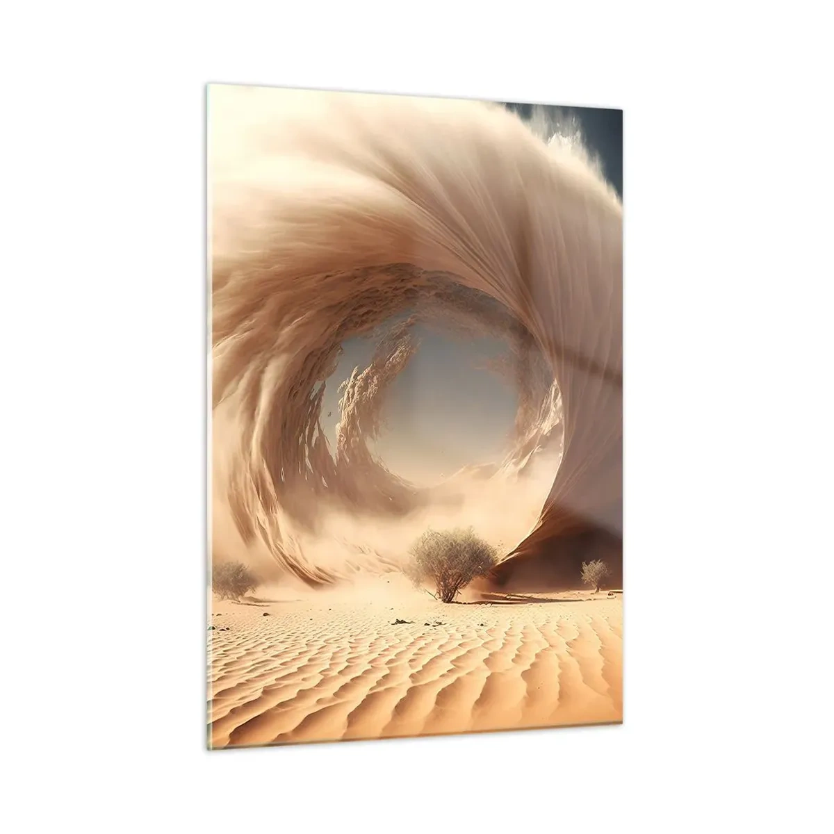 Cuadro sobre vidrio - Impresiones sobre Vidrio - Un vórtice de arena del desierto crea un portal desde el cielo y las dunas. - 50x70cm - Portal abierto - Decoración de pared moderna para salón y dormitorio ARTTOR