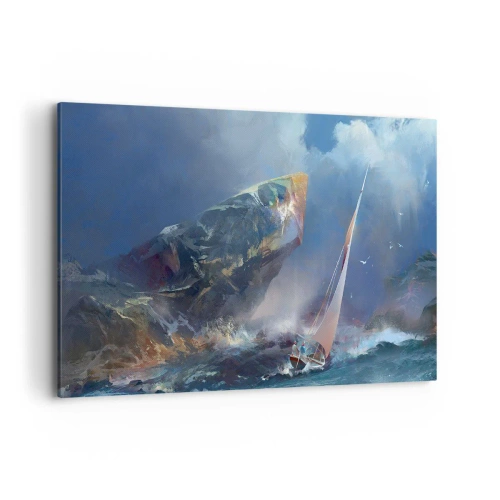 Cuadro sobre lienzo - Impresión de Imagen - Un velero en medio de una tormenta al pie de una enorme roca. - 100x70cm - La gloria es para los valientes - Decoración de pared moderna para salón y dormitorio ARTTOR