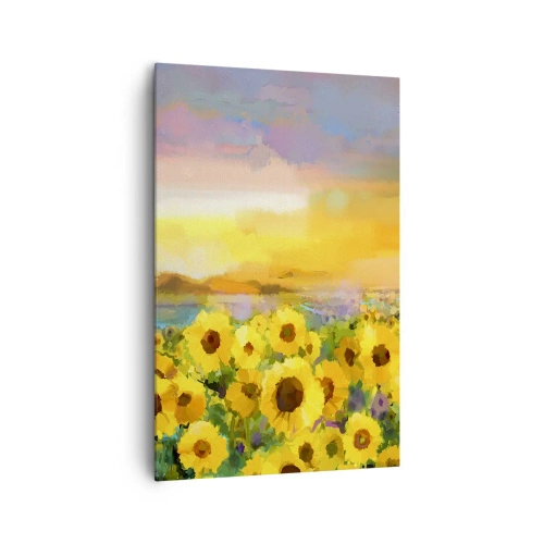 Cuadro sobre lienzo - Impresión de Imagen - Un campo de girasoles a la luz del sol poniente. - 80x120cm - El propio sol ha bajado a la Tierra - Decoración de pared moderna para salón y dormitorio ARTTOR