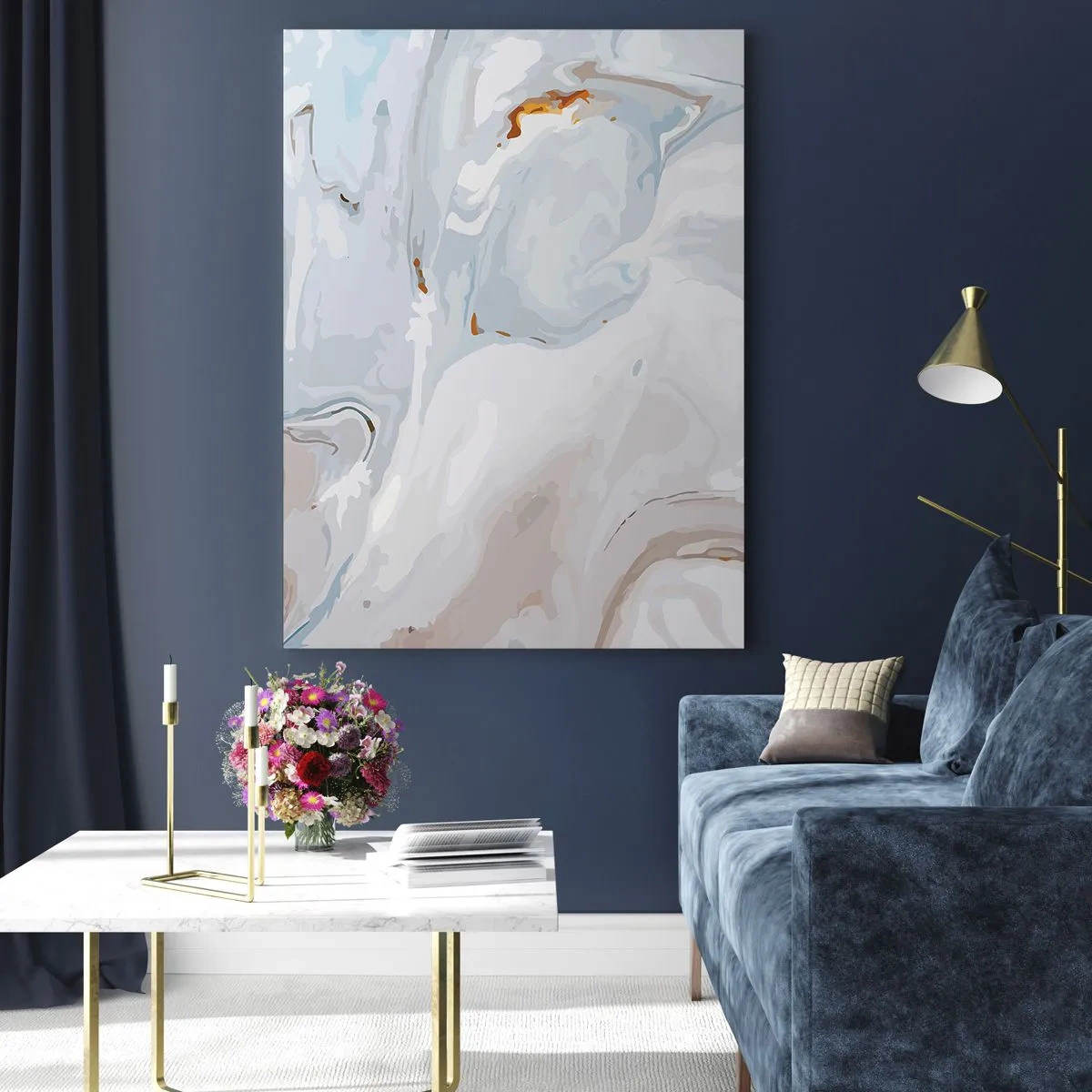 Cuadro sobre vidrio - Impresiones sobre Vidrio - Un sutil patrón de mármol en tonos de azul y blanco. - 50x70cm - Blanco fusión - Decoración de pared moderna para salón y dormitorio ARTTOR