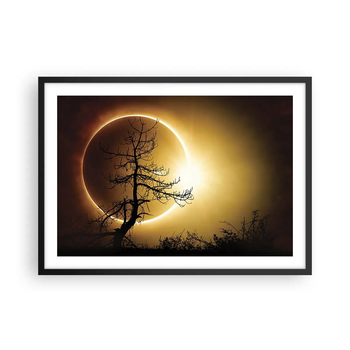 Póster en marco negro - Eclipse solar con una silueta de árbol en primer plano - 70x50cm - Eclipse total - Decoración de pared moderna para salón y dormitorio ARTTOR