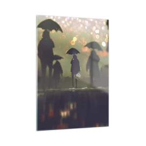 Cuadro sobre vidrio - Impresiones sobre Vidrio - Figuras con paraguas bajo la lluvia con las luces de la ciudad como telón de fondo - 50x70cm - Desde la perspectiva de una gota de lluvia - Decoración de pared moderna para salón y dormitorio ARTTOR