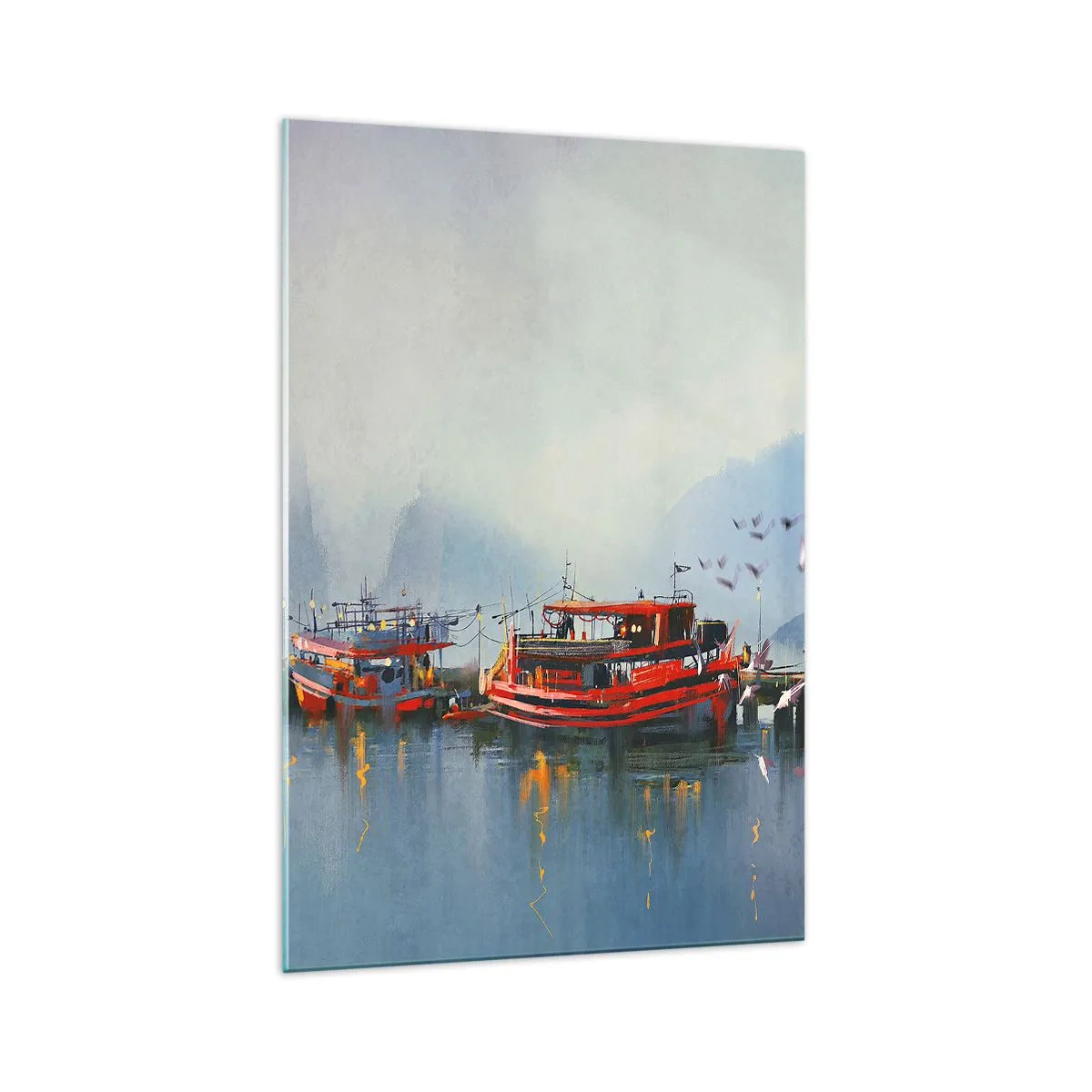 Cuadro sobre vidrio - Impresiones sobre Vidrio - Un puerto con barcos rojos rodeado de un paisaje brumoso. - 70x100cm - En el fin del mundo - Decoración de pared moderna para salón y dormitorio ARTTOR