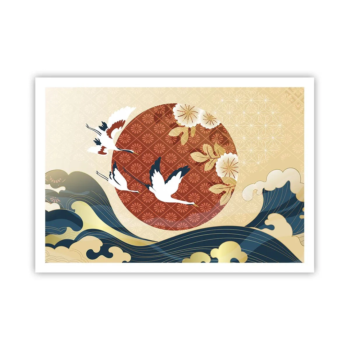 Póster - Composición japonesa con grullas y olas. - 100x70cm - Un cuento de hadas japonés - Decoración de pared moderna para salón y dormitorio ARTTOR
