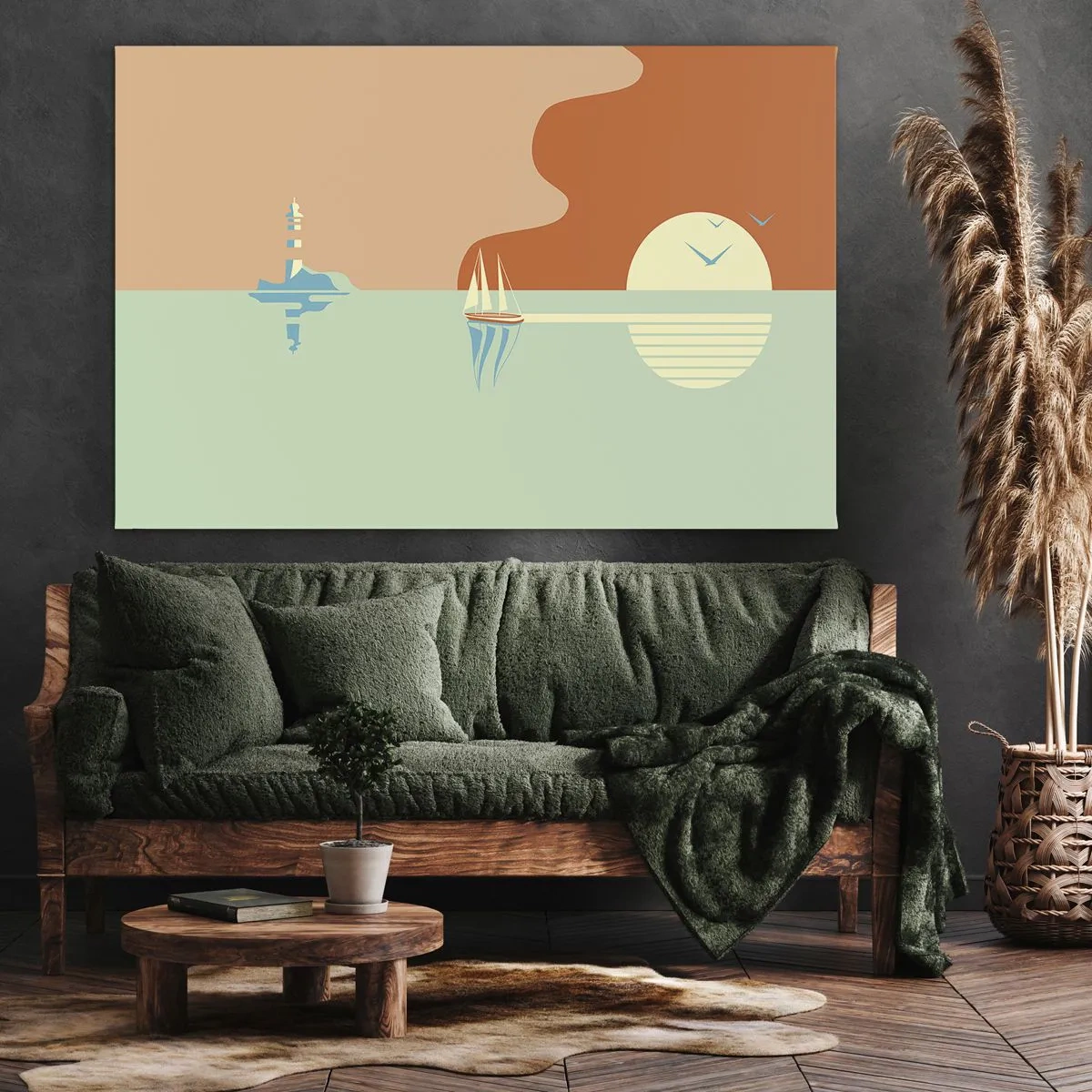 Cuadro sobre lienzo - Impresión de Imagen - Un paisaje marino minimalista con un velero y una puesta de sol. - 70x50cm - Un paisaje marino perfecto - Decoración de pared moderna para salón y dormitorio ARTTOR