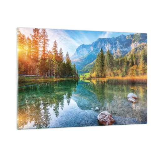 Cuadro sobre vidrio - Impresiones sobre Vidrio - Un lago de montaña rodeado de bosques y picos majestuosos. - 120x80cm - La dulzura del otoño - Decoración de pared moderna para salón y dormitorio ARTTOR