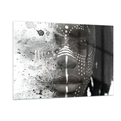 Cuadro sobre vidrio - Impresiones sobre Vidrio - Retrato con patrones étnicos en blanco y negro con efecto acuarela. - 120x80cm - Descubrimiento del espíritu original - Decoración de pared moderna para salón y dormitorio ARTTOR