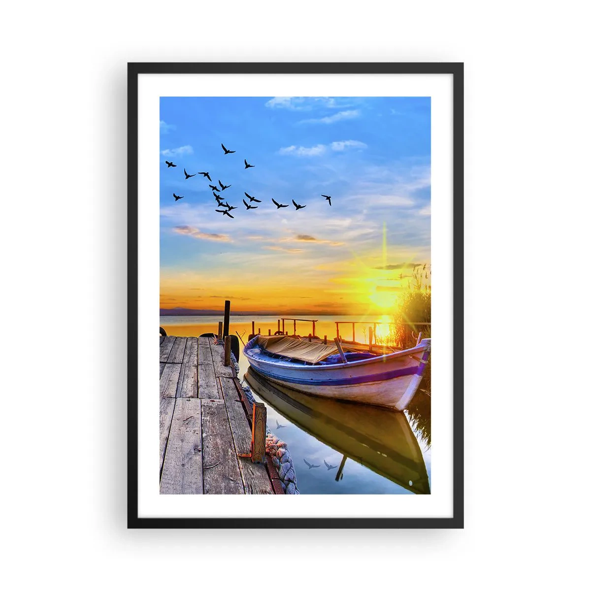 Póster en marco negro - Un barco en un lago al atardecer con pájaros al fondo. - 50x70cm - Adiós, hasta mañana - Decoración de pared moderna para salón y dormitorio ARTTOR
