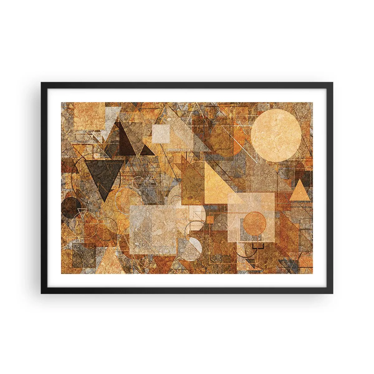 Póster en marco negro - Figuras geométricas abstractas en tonos cálidos. - 70x50cm - Estudio cubista en bronce - Decoración de pared moderna para salón y dormitorio ARTTOR