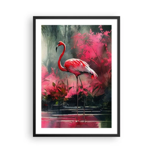 Póster en marco negro - Un flamenco rodeado de vegetación rosa junto al agua. - 50x70cm - Una lección de encanto natural - Decoración de pared moderna para salón y dormitorio ARTTOR