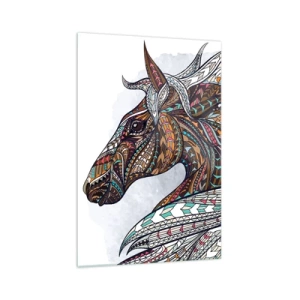Cuadro sobre vidrio - Impresiones sobre Vidrio - Un caballo geométrico con una crin colorida y detallada. - 70x100cm - El corcel de un guerrero celta - Decoración de pared moderna para salón y dormitorio ARTTOR