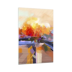 Cuadro sobre vidrio - Impresiones sobre Vidrio - Un paisaje abstracto con intensos colores otoñales. - 80x120cm - Llegó el otoño - Decoración de pared moderna para salón y dormitorio ARTTOR