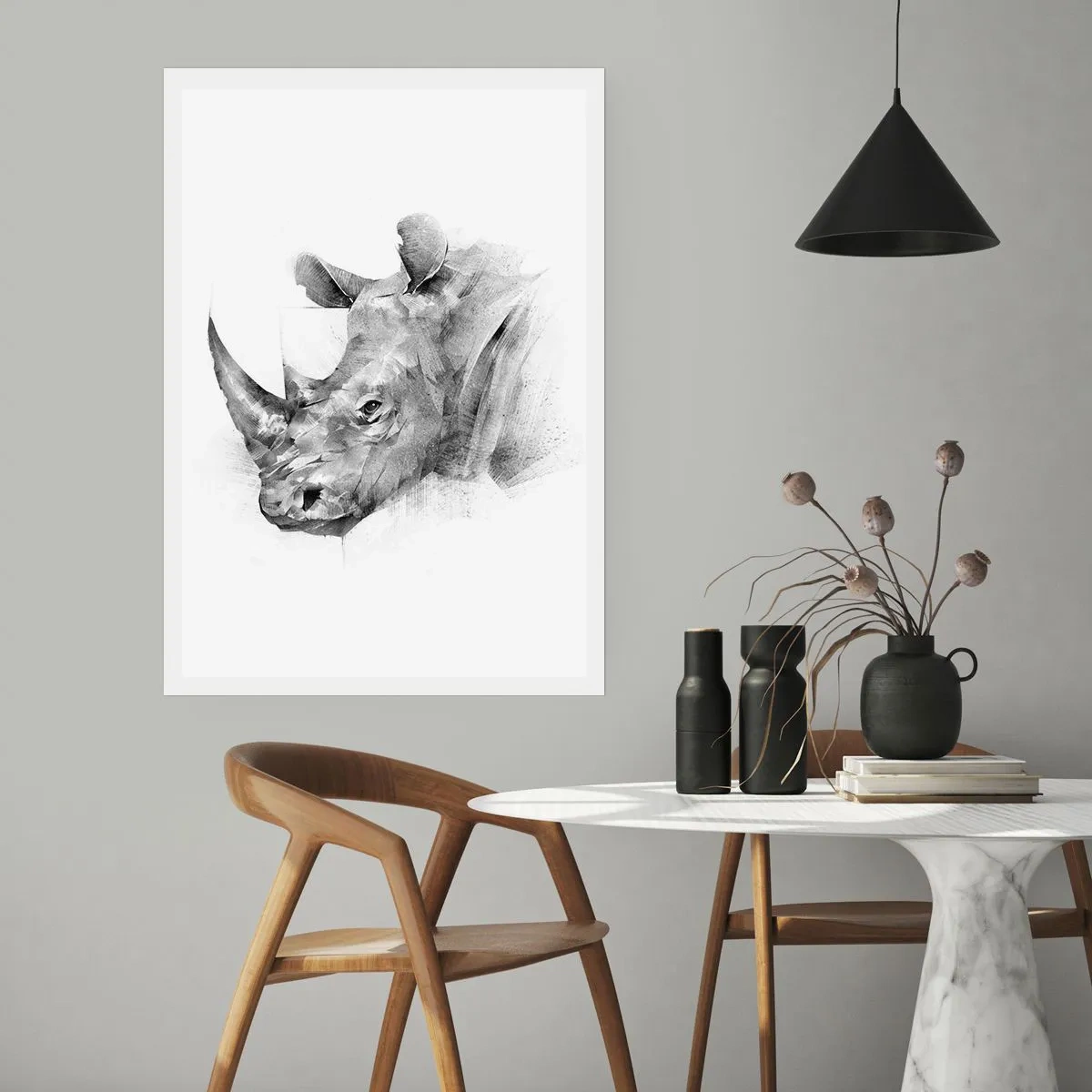 Póster - Dibujo gráfico de un rinoceronte en blanco y negro. - 50x70cm - Retrato africano - Decoración de pared moderna para salón y dormitorio ARTTOR
