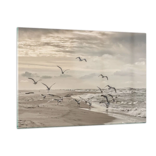 Cuadro sobre vidrio - Impresiones sobre Vidrio - Pájaros en la orilla del mar al amanecer en tonos sepia - 120x80cm - El sonido del mar, el canto de los pájaros - Decoración de pared moderna para salón y dormitorio ARTTOR