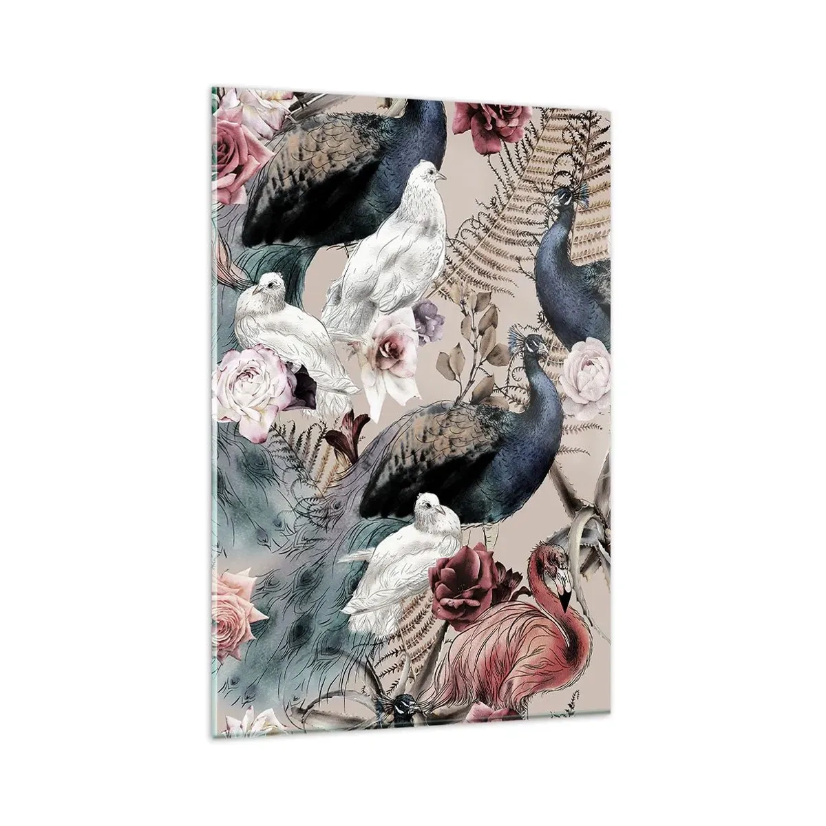 Cuadro sobre vidrio - Impresiones sobre Vidrio - Un paisaje con plumas de pavo real, rosas y pájaros en estilo romántico. - 80x120cm - En un jardín de palacio - Decoración de pared moderna para salón y dormitorio ARTTOR