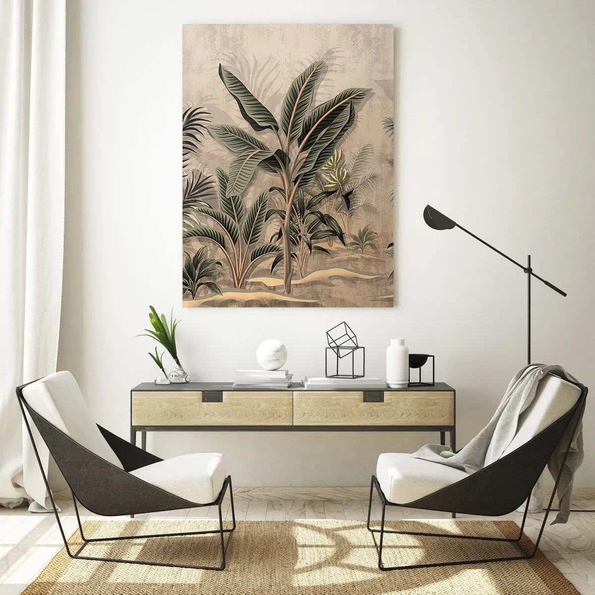 Cuadro sobre vidrio - Impresiones sobre Vidrio - Palmeras y vegetación tropical en tonos verdes sobre fondo beige. - 70x100cm - Grabados de estilo colonial - Decoración de pared moderna para salón y dormitorio ARTTOR