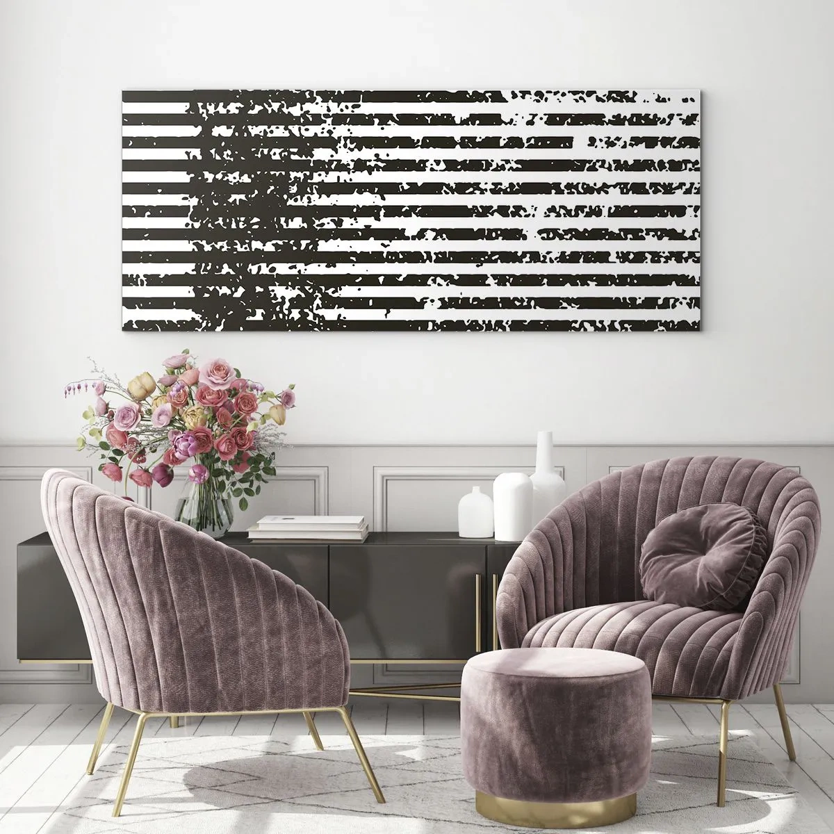 Cuadro sobre vidrio - Impresiones sobre Vidrio - Líneas abstractas con efecto desgastado en blanco y negro. - 120x50cm - Ritmo y ruido - Decoración de pared moderna para salón y dormitorio ARTTOR
