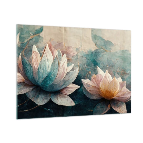 Cuadro sobre vidrio - Impresiones sobre Vidrio - Representación artística de flores de loto sobre un fondo de hojas de agua. - 100x70cm - Estrellas de lago - Decoración de pared moderna para salón y dormitorio ARTTOR