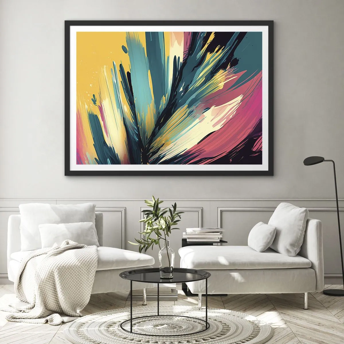 Póster en marco negro - Una composición abstracta en colores intensos y contrastantes. - 100x70cm - Composición - una explosión de alegría - Decoración de pared moderna para salón y dormitorio ARTTOR