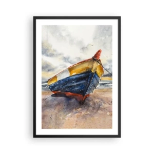 Póster en marco negro - Barco de acuarela en la playa al atardecer - 50x70cm - Descansando en la orilla - Decoración de pared moderna para salón y dormitorio ARTTOR
