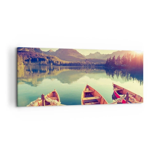 Cuadro sobre lienzo - Impresión de Imagen - Barcos en un lago tranquilo rodeado de montañas al atardecer - 120x50cm - Para vivir según sus leyes - Decoración de pared moderna para salón y dormitorio ARTTOR