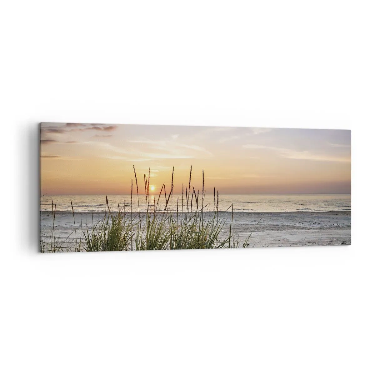 Cuadro sobre lienzo - Impresión de Imagen - Una playa de arena al atardecer con césped al fondo. - 140x50cm - Mira, piensa, siente - Decoración de pared moderna para salón y dormitorio ARTTOR