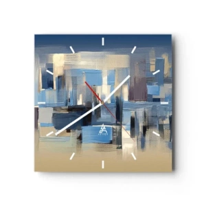 Reloj de pared - Reloj de vidrio - Formas geométricas en tonos azules y beige. - 30x30cm - Construcción azul - Decoración de pared moderna para salón y dormitorio ARTTOR