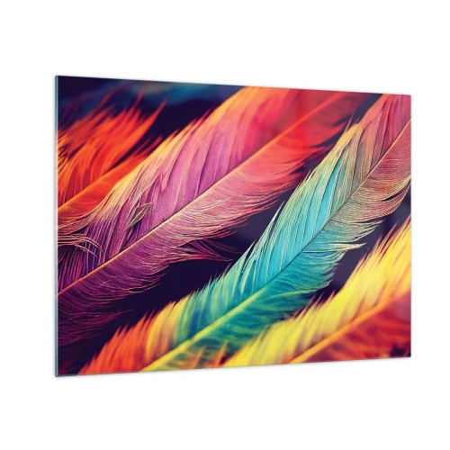 Cuadro sobre vidrio - Impresiones sobre Vidrio - Plumas de colores en intensos tonos arcoíris. - 70x50cm - Arco iris plumoso - Decoración de pared moderna para salón y dormitorio ARTTOR