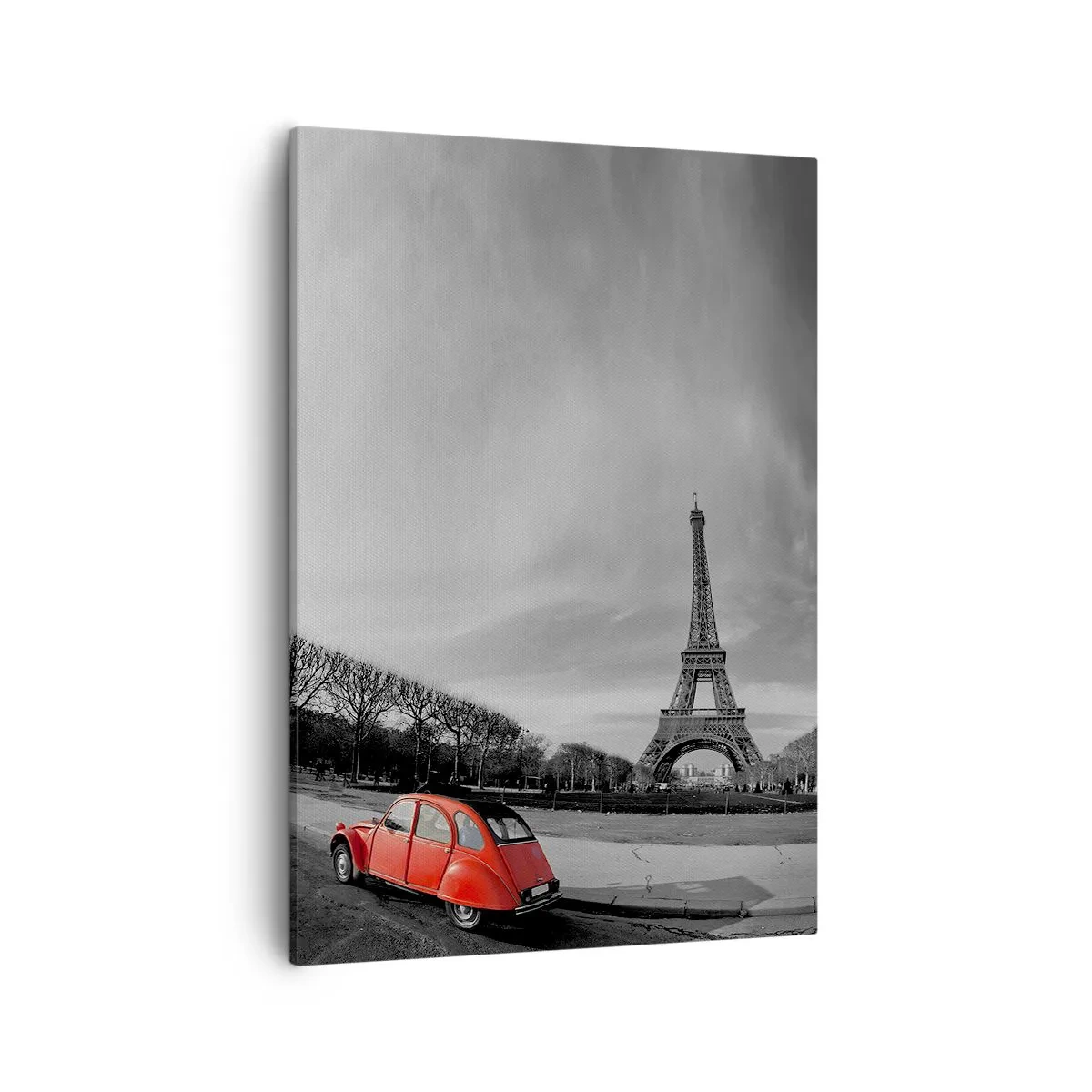 Cuadro sobre lienzo - Impresión de Imagen - Un coche rojo con la Torre Eiffel al fondo en un paisaje en blanco y negro. - 50x70cm - Más parisino que el propio París - Decoración de pared moderna para salón y dormitorio ARTTOR