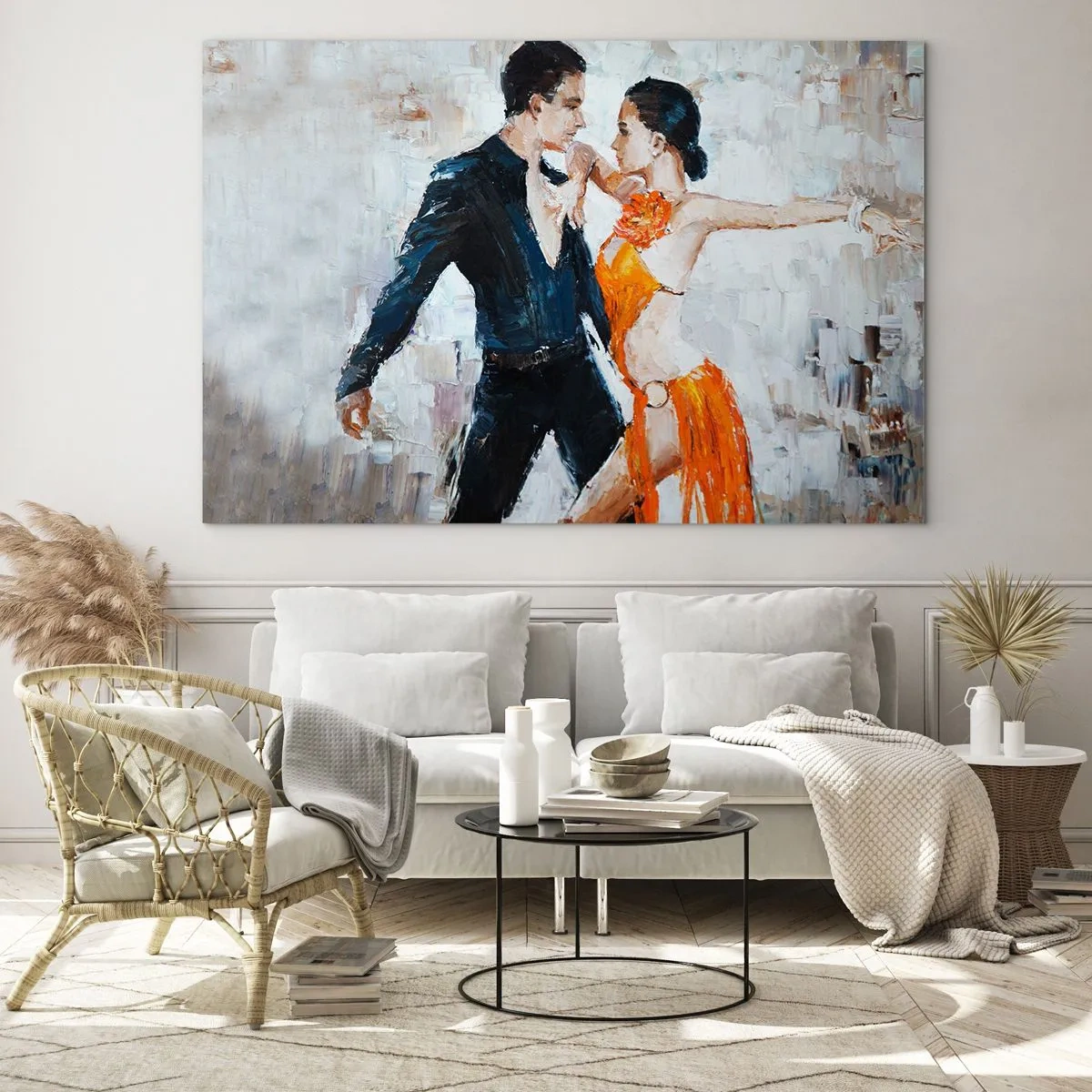 Cuadro sobre vidrio - Impresiones sobre Vidrio - Una pareja bailando en una pose dinámica frente a un fondo de estilo impresionista. - 70x50cm - Dirty dancing - Decoración de pared moderna para salón y dormitorio ARTTOR