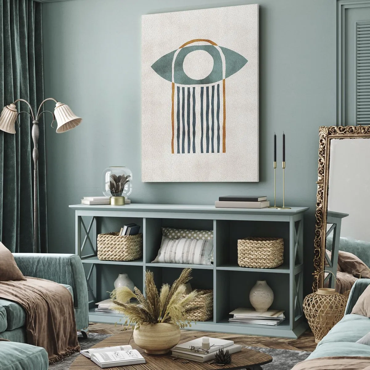 Cuadro sobre lienzo - Impresión de Imagen - Patrón geométrico en tonos verdes y naranjas. - 80x120cm - Signos y rituales - Decoración de pared moderna para salón y dormitorio ARTTOR