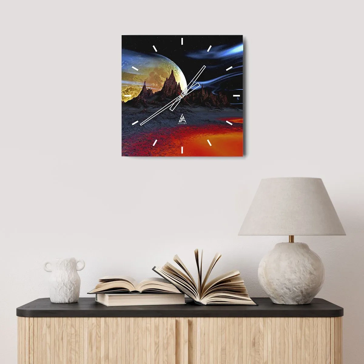 Reloj de pared - Reloj de vidrio - Un paisaje fantástico con planetas y paisajes volcánicos. - 30x30cm - Mundo desconocido - Decoración de pared moderna para salón y dormitorio ARTTOR