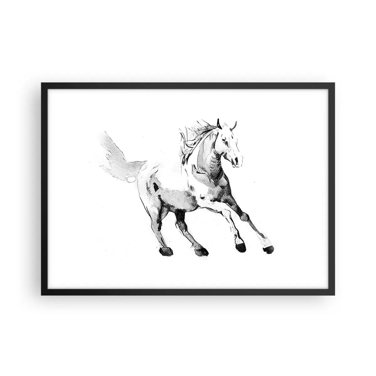 Póster en marco negro - Boceto de un caballo al galope en tonos de blanco y negro. - 70x50cm - Alma indómita - Decoración de pared moderna para salón y dormitorio ARTTOR