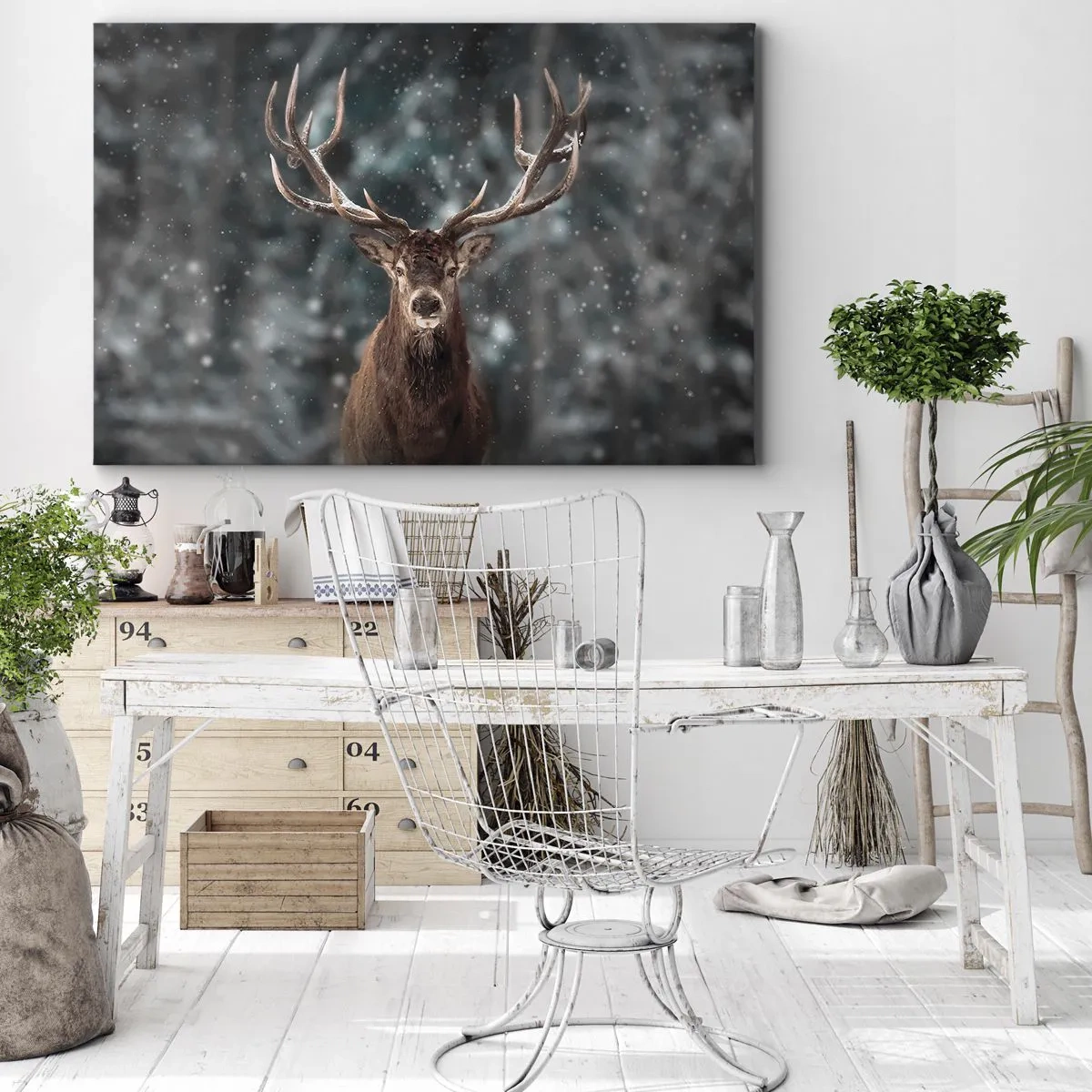 Cuadro sobre lienzo - Impresión de Imagen - Ciervos en un bosque invernal con nieve cayendo - 70x50cm - Coronado rey del bosque - Decoración de pared moderna para salón y dormitorio ARTTOR
