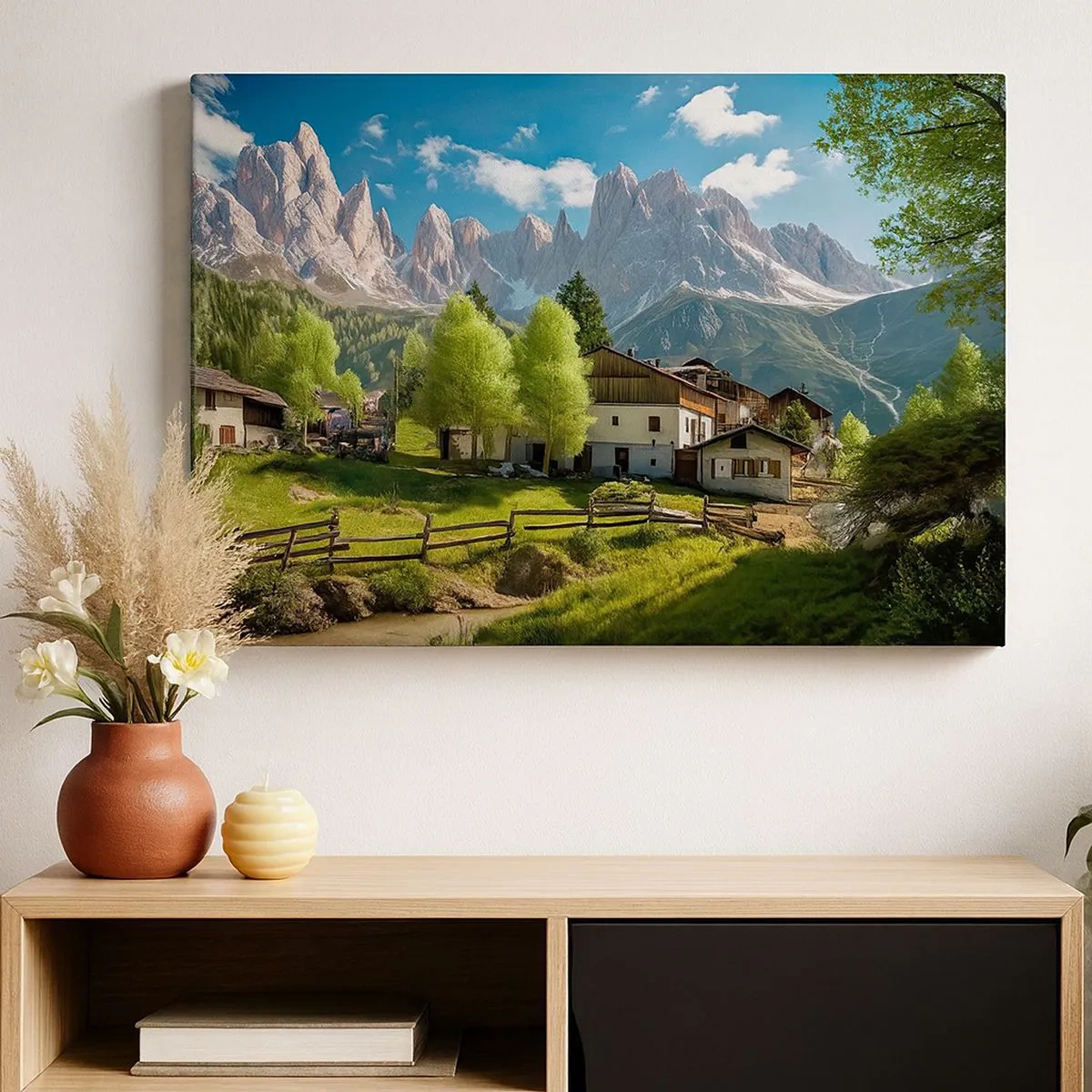 Cuadro sobre lienzo - Impresión de Imagen - Un pueblo de montaña con casas y vistas a los Alpes. - 70x50cm - Idilio alpino - Decoración de pared moderna para salón y dormitorio ARTTOR