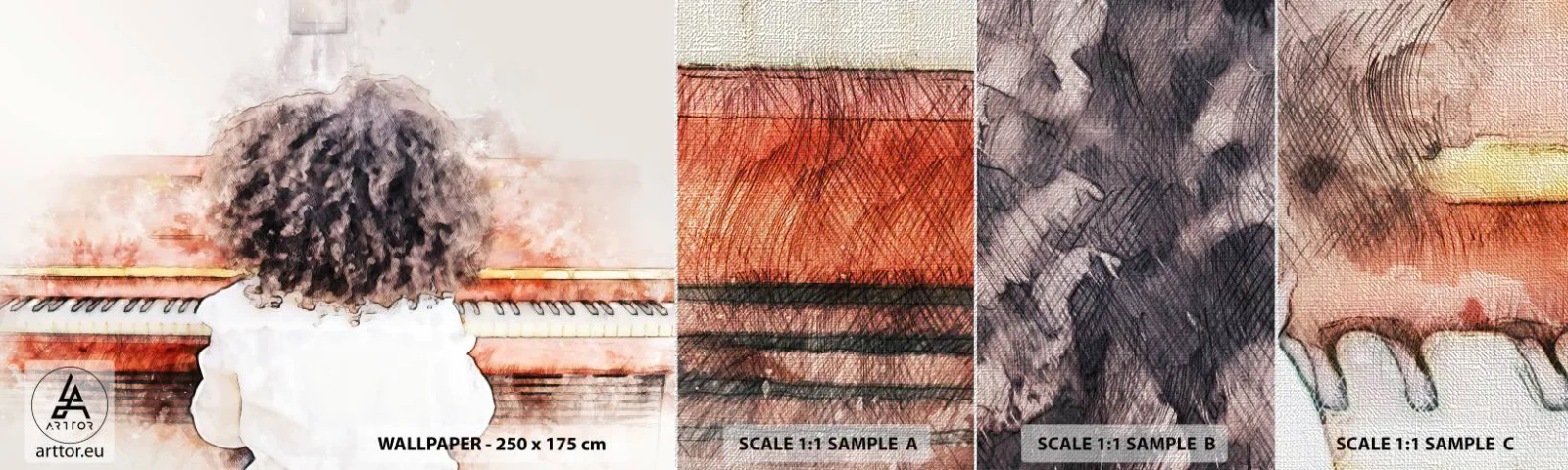 Muestra de fotomural Premium Canvas - Descubriendo un mundo nuevo - Piano, Música, Músico - 100x30 cm