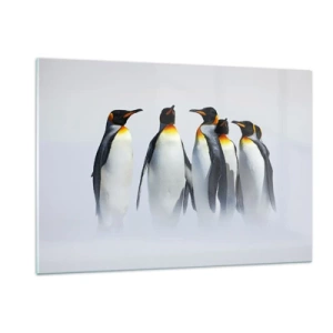 Cuadro sobre vidrio - Impresiones sobre Vidrio - Un grupo de pingüinos en un paisaje invernal. - 120x80cm - Reunión en traje de noche - Decoración de pared moderna para salón y dormitorio ARTTOR