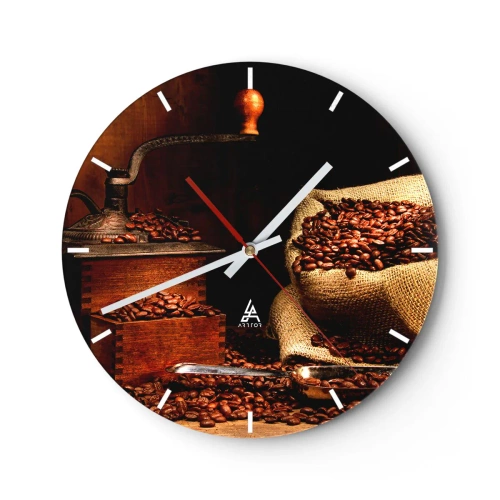 Reloj de pared - Reloj de vidrio - Bodegón con granos de café y molinillo - 40x40 cm
