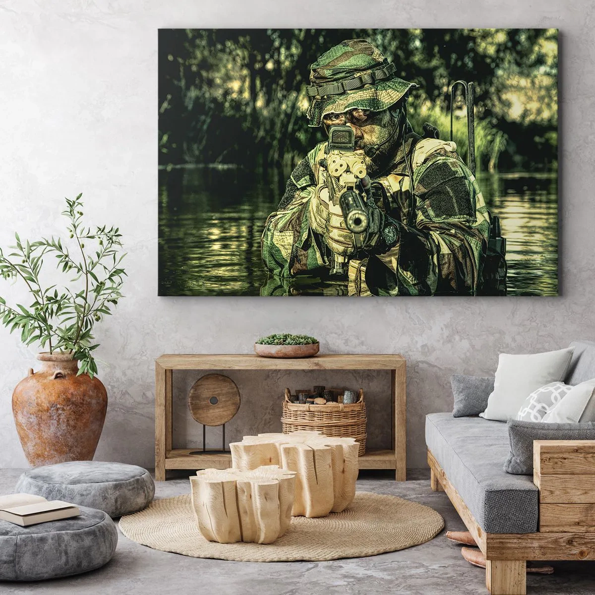 Cuadro sobre lienzo - Impresión de Imagen - Un soldado camuflado apunta a través del agua. - 70x50cm - El mejor de entre la élite - Decoración de pared moderna para salón y dormitorio ARTTOR