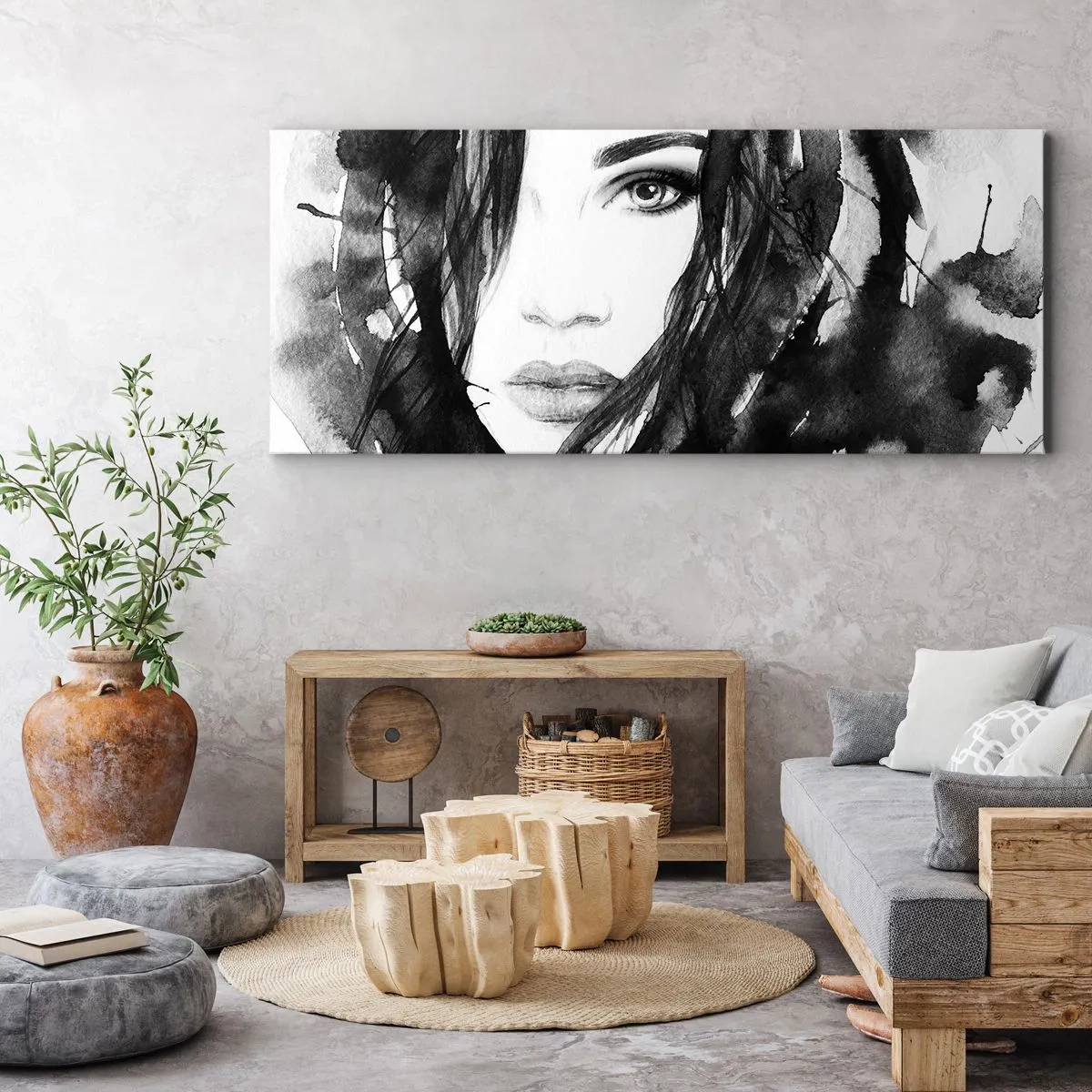 Cuadro sobre lienzo - Impresión de Imagen - Retrato de una dama en blanco y negro - 100x40 cm