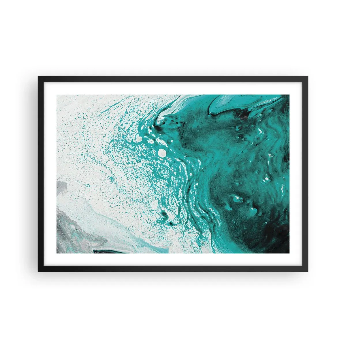 Póster en marco negro - Composición abstracta en tonos turquesa sobre fondo blanco. - 70x50cm - Disolución en blanco y turquesa - Decoración de pared moderna para salón y dormitorio ARTTOR