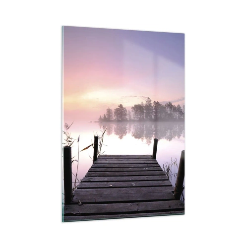 Cuadro sobre vidrio - Impresiones sobre Vidrio - Un muelle al amanecer sobre un lago tranquilo - 50x70cm - De la niebla lila... - Decoración de pared moderna para salón y dormitorio ARTTOR